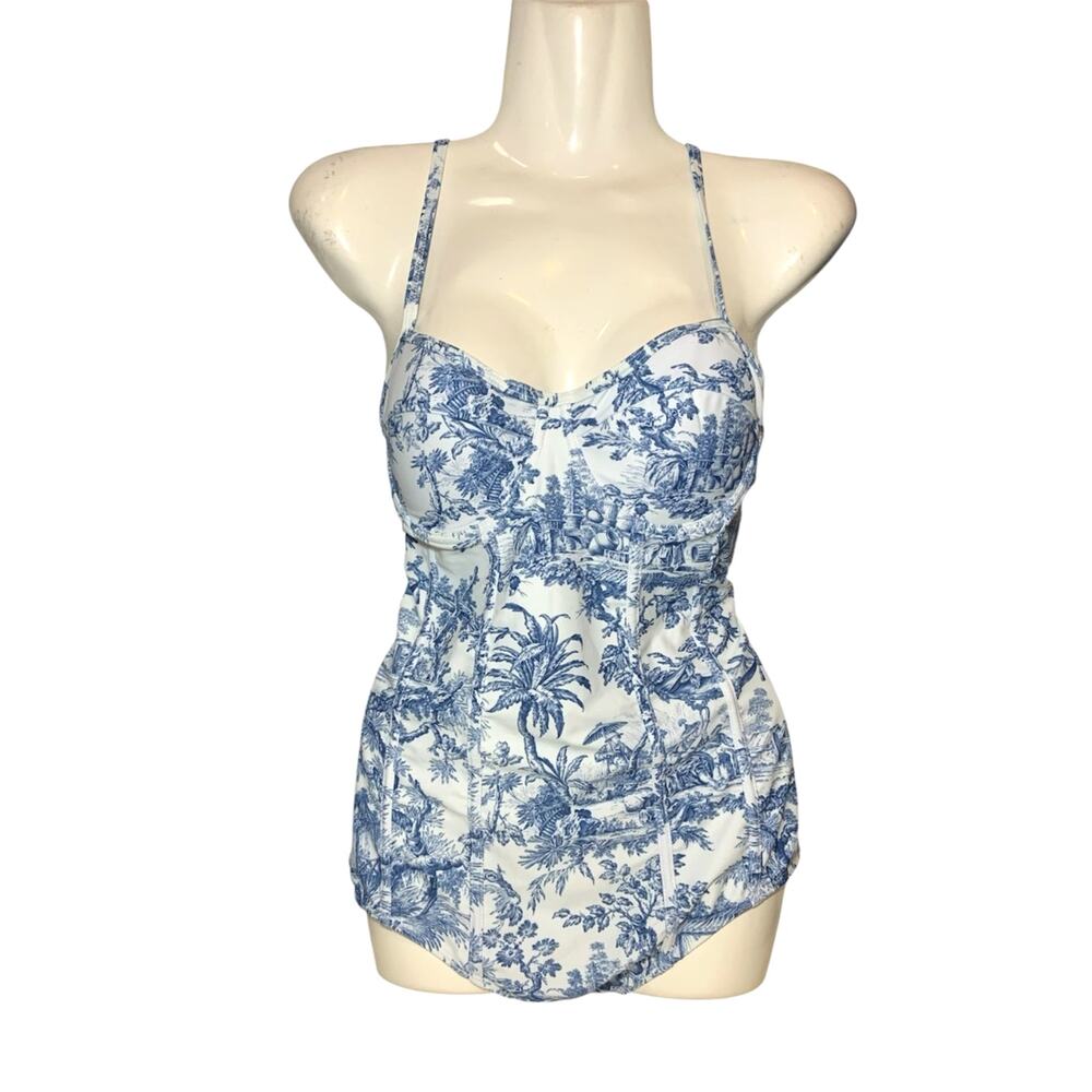 Women's Toile de Jouy Chinoiserie One-Piece Swimsuit Blue White Floral Size XL